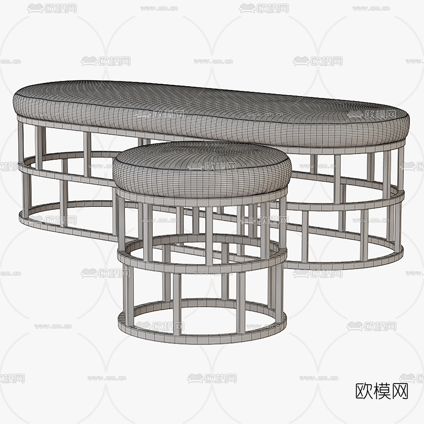 现代金属皮革床尾凳脚踏组合3D模型