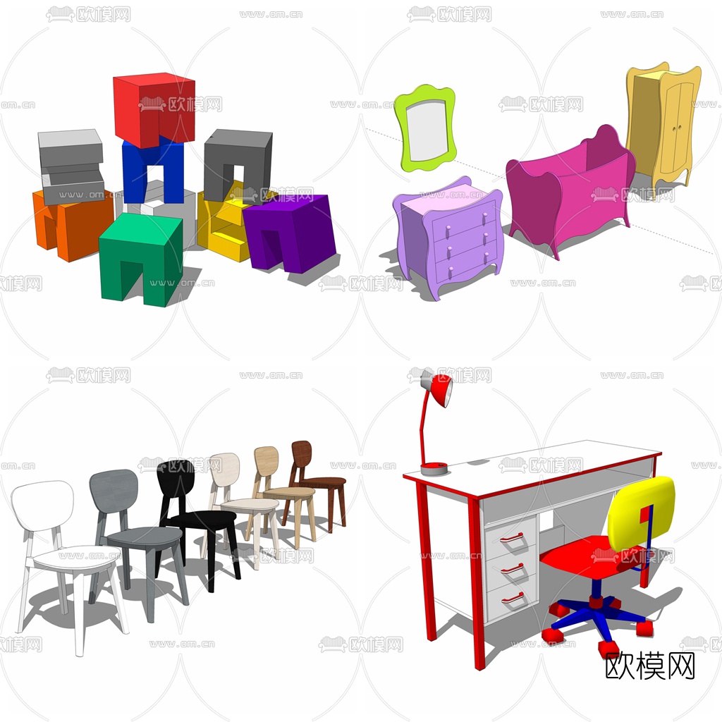 现代儿童桌椅组合su模型下载