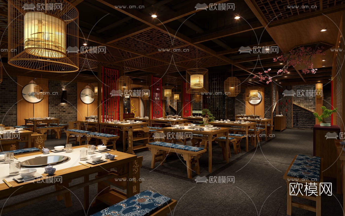 新中式火锅店3d模型-免费3dmax模型库-欧模网