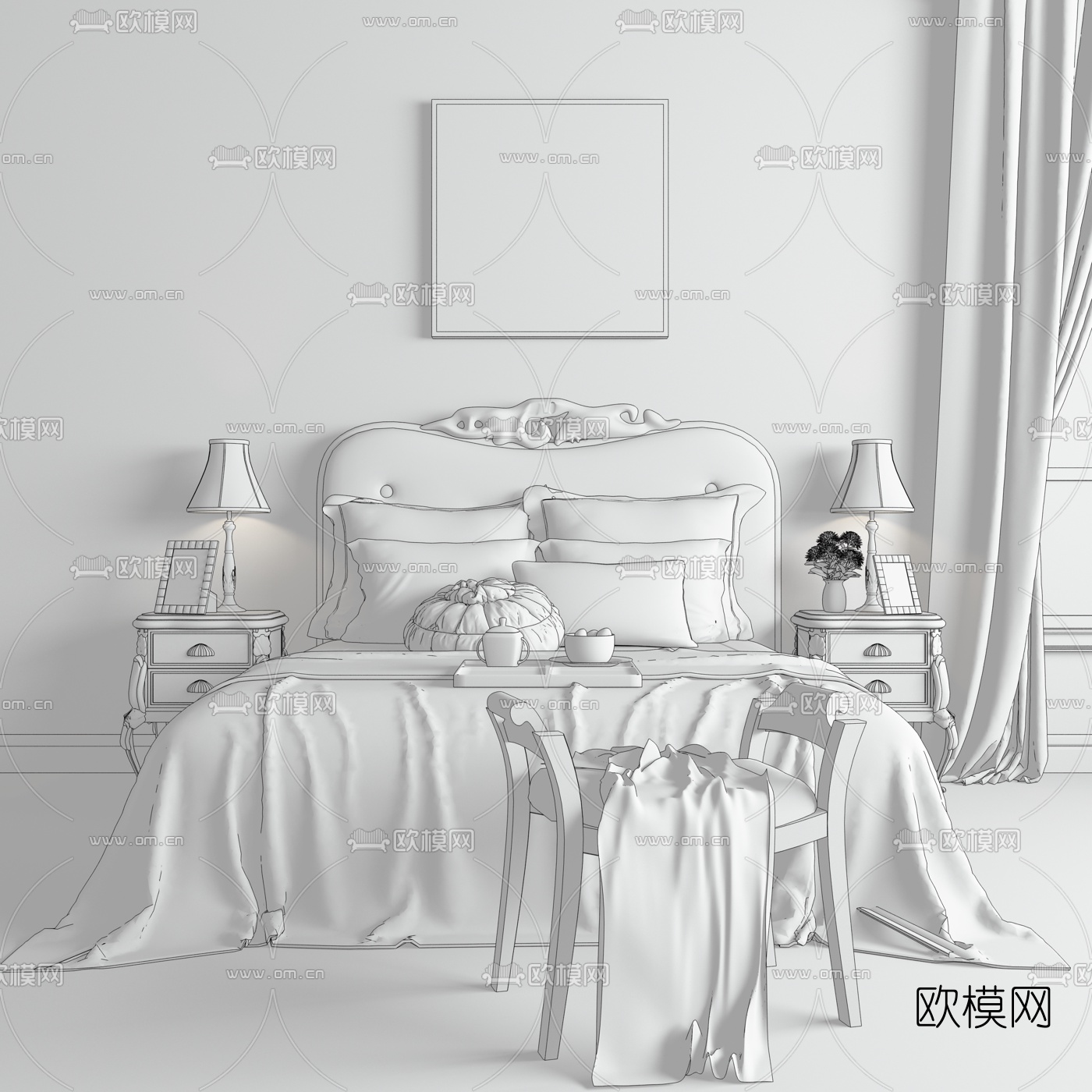 简欧公主双人床脚蹬组合3D模型下载（渲染图2）