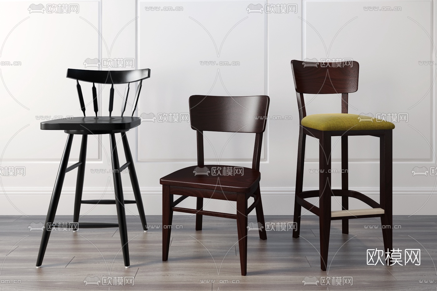 现代实木吧椅休闲椅组合3D模型下载（渲染图1）