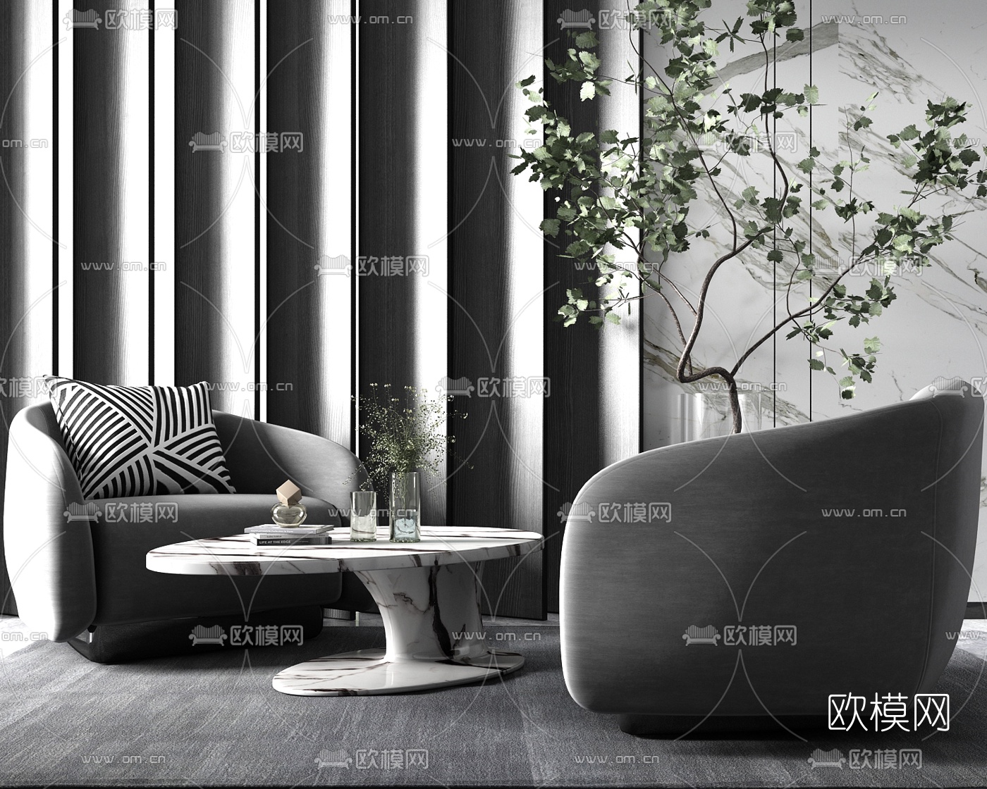 现代布艺单人沙发su模型下载（渲染图1）