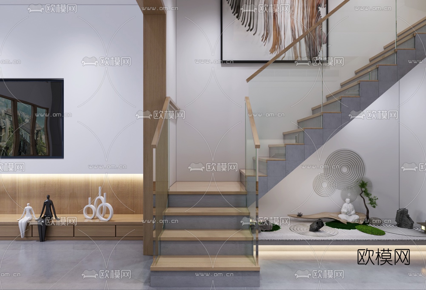 新中式别墅客厅餐厅书房3d模型下载（渲染图2）