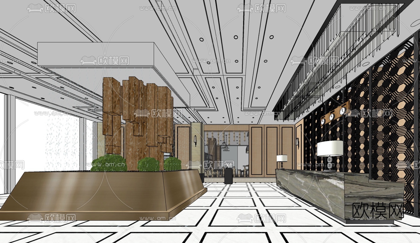 现代酒店大堂免费su模型下载（渲染图2）