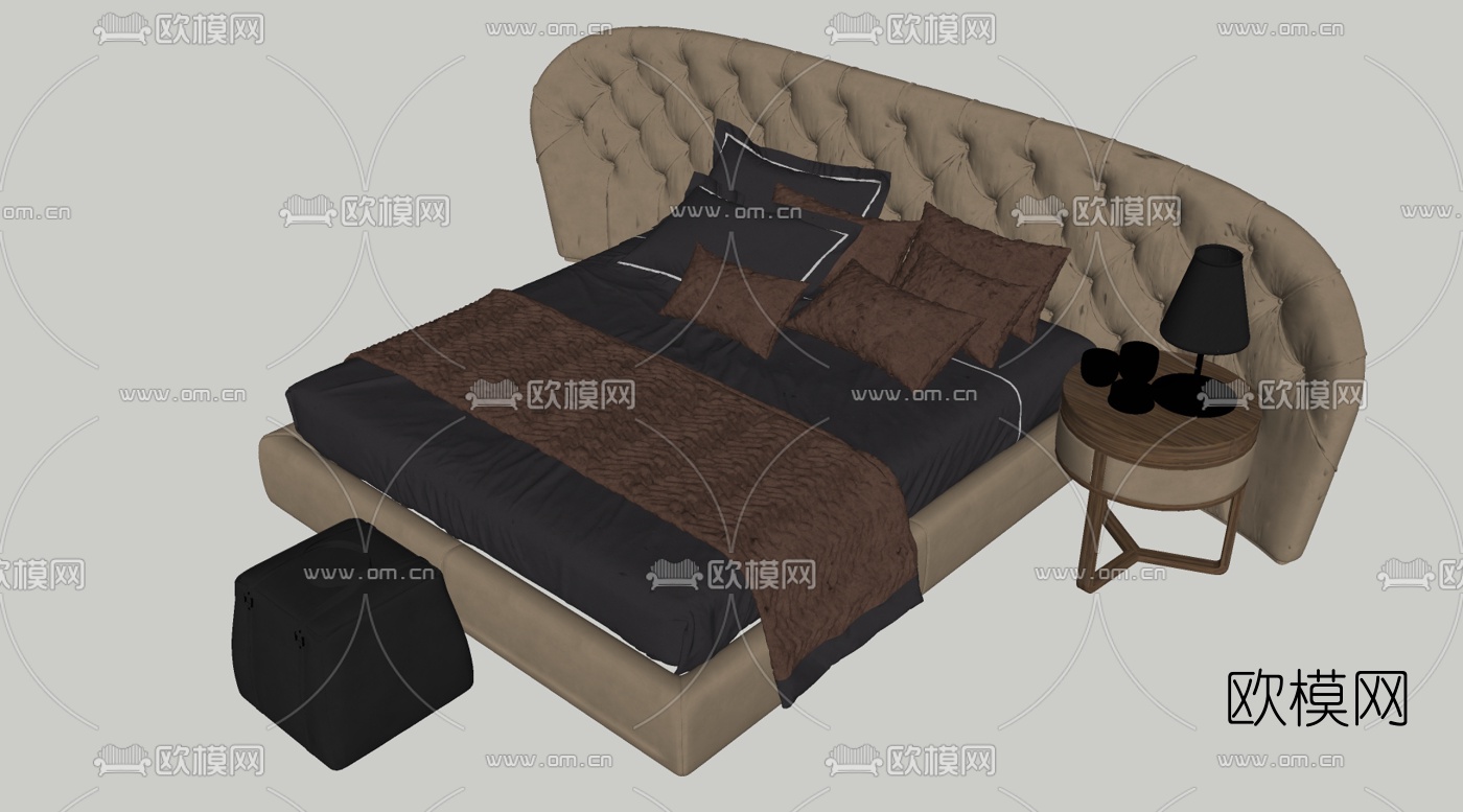 现代布艺双人床su模型下载（渲染图2）