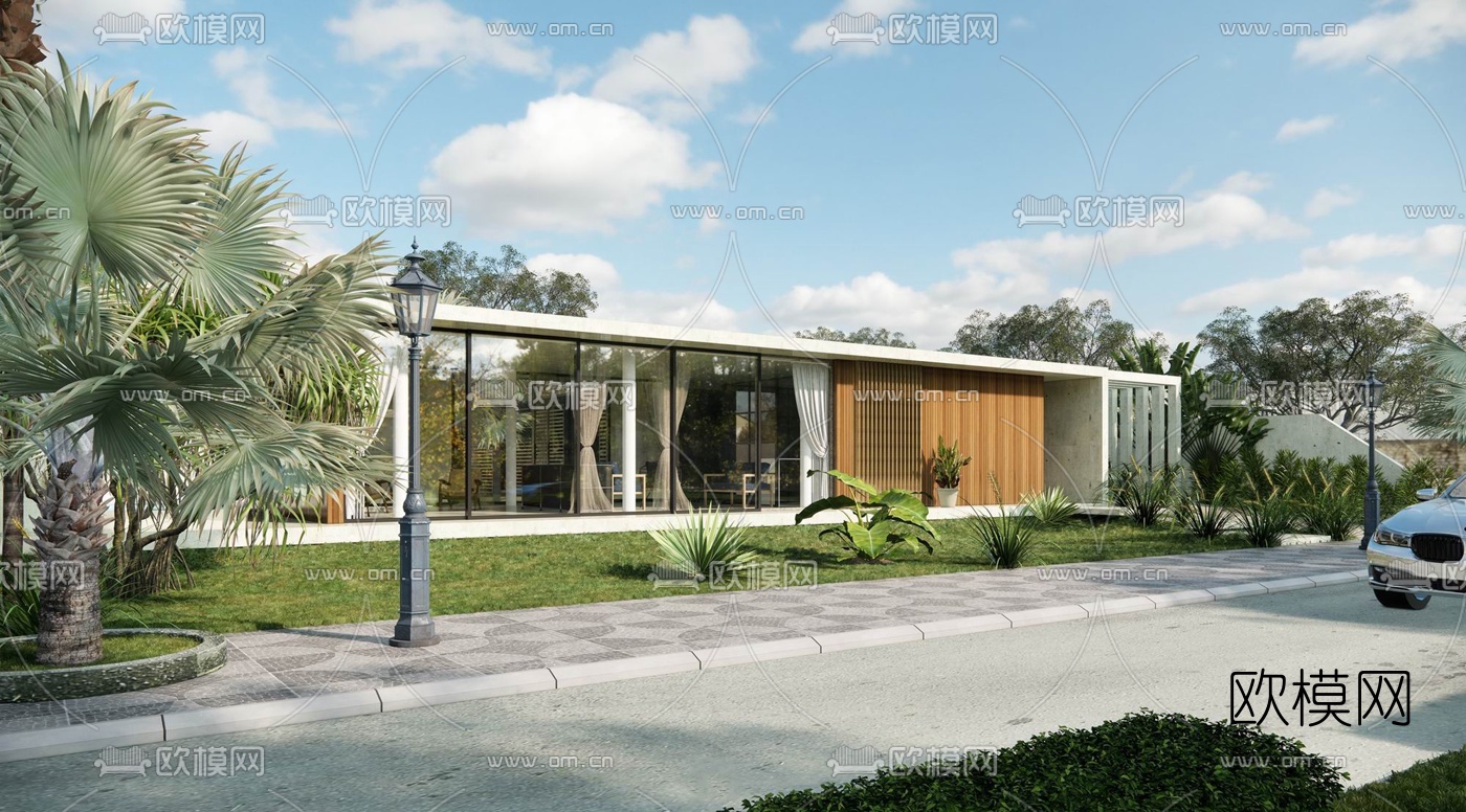 现代独栋别墅外观su模型下载（渲染图2）
