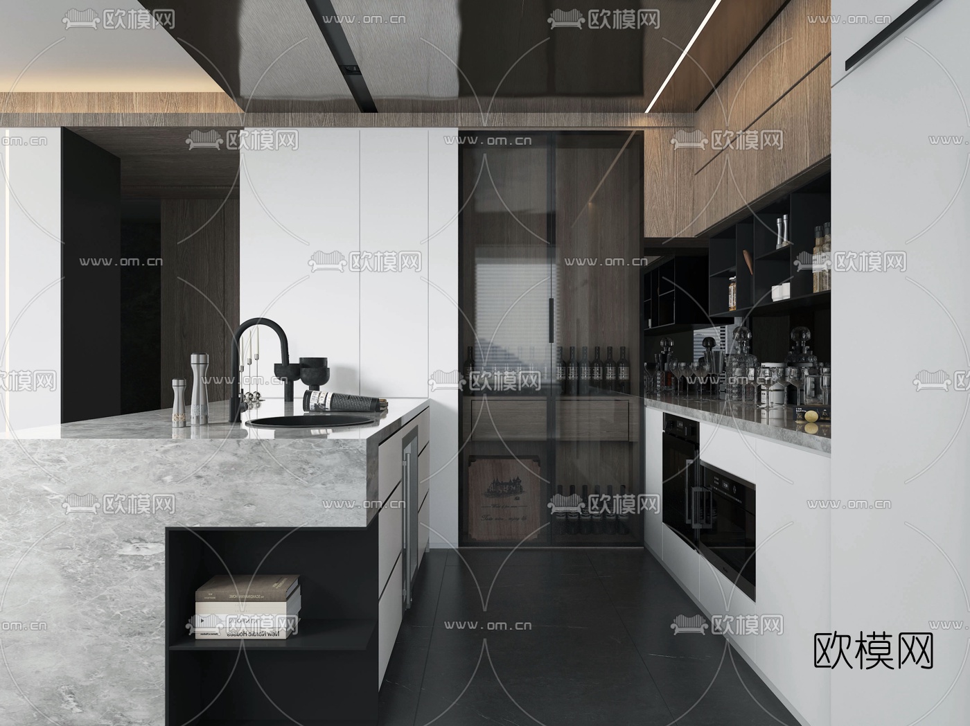 现代黑白灰客厅餐厅3d模型