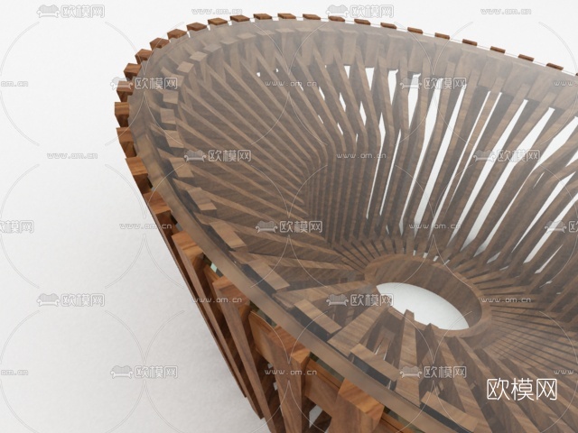 意大利Riva1920品牌 梁志天设计现代原木圆形镂空玻璃茶几3d模型下载(渲染图1)