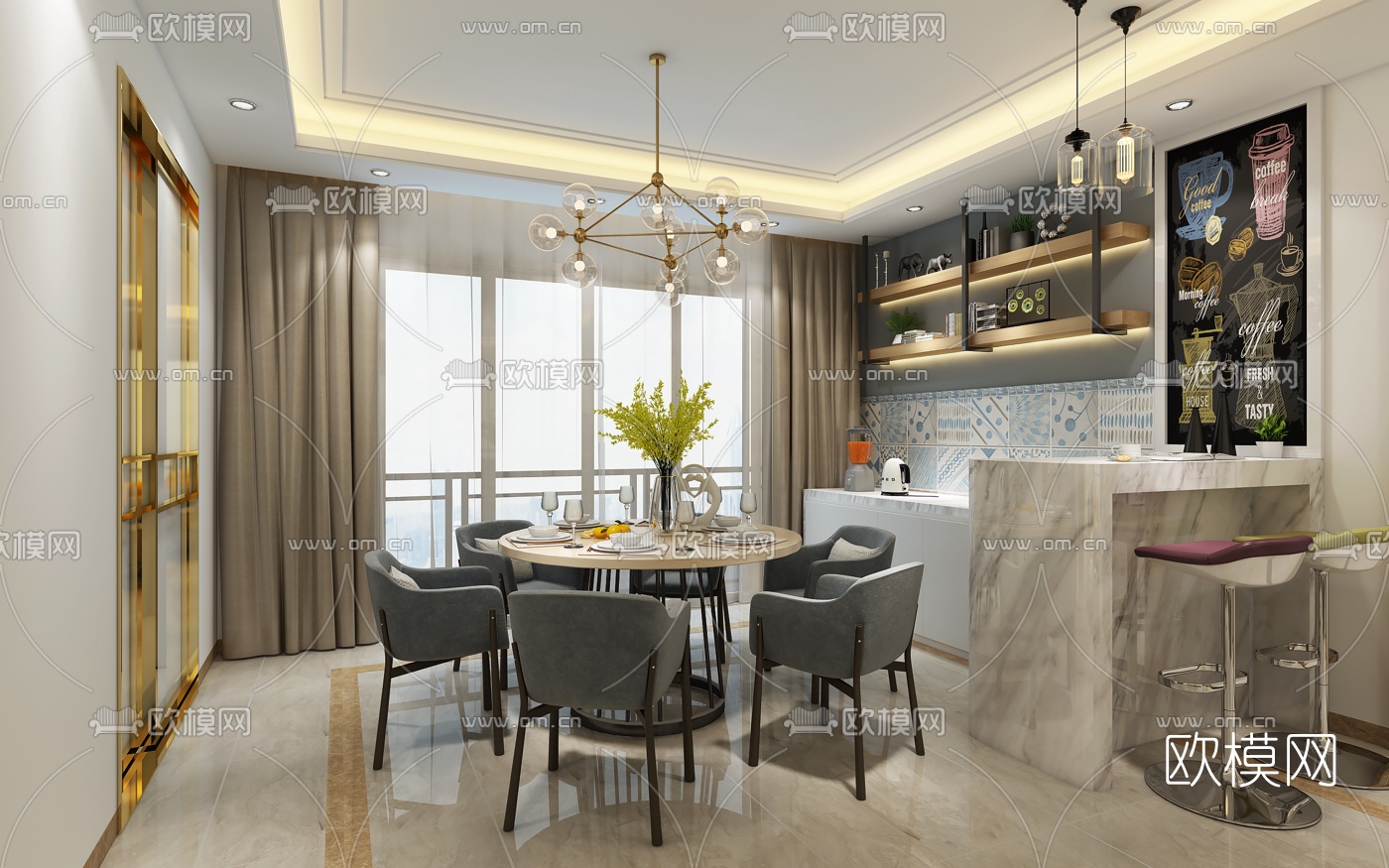 后现代客厅餐厅3D模型