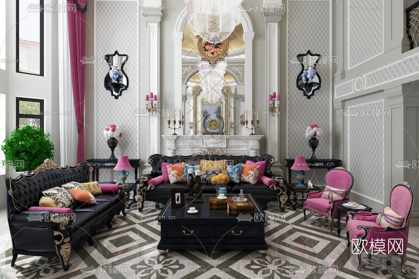 欧式别墅客厅3d模型下载（渲染图2）