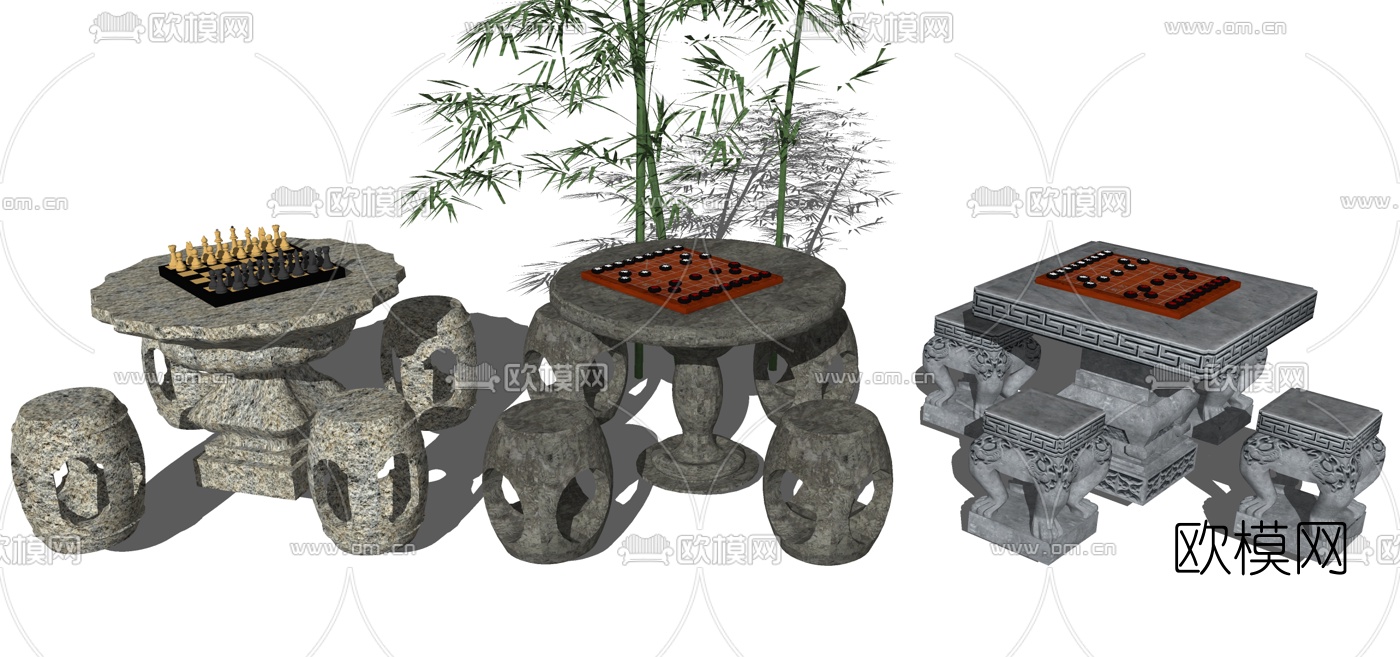 中式户外石桌椅组合su模型下载