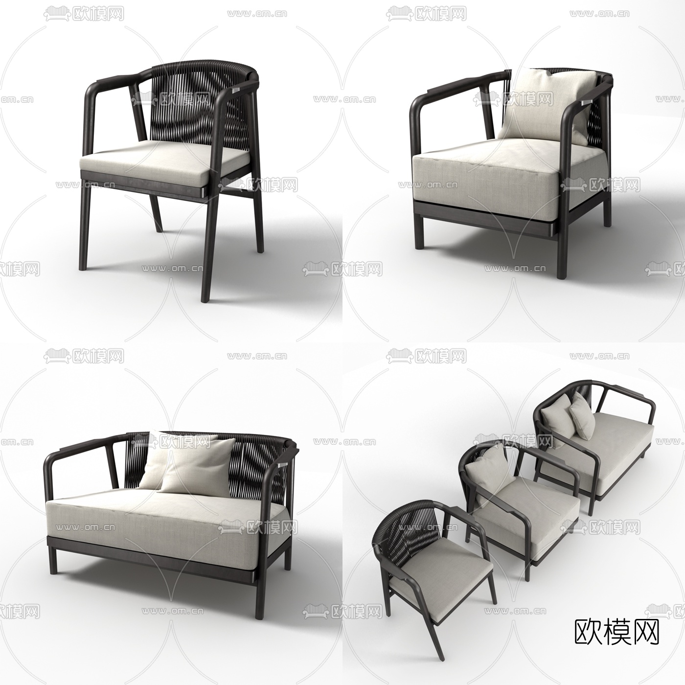 新中式休闲沙发单椅组合3d模型下载（渲染图1）