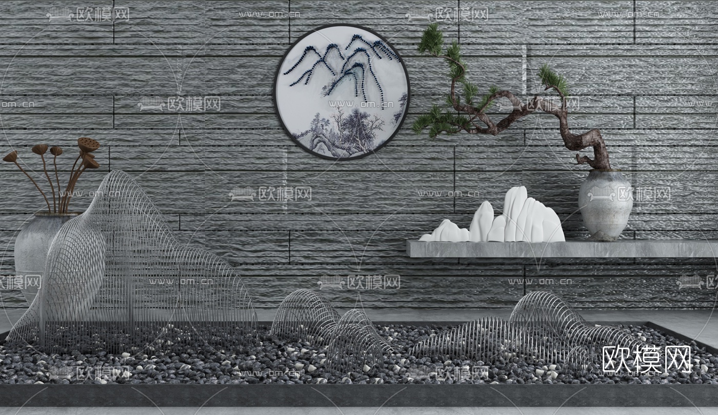 新中式枯山水石植物园艺小品3d模型下载