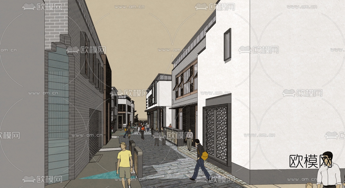 中式商业步行街su模型下载（渲染图2）