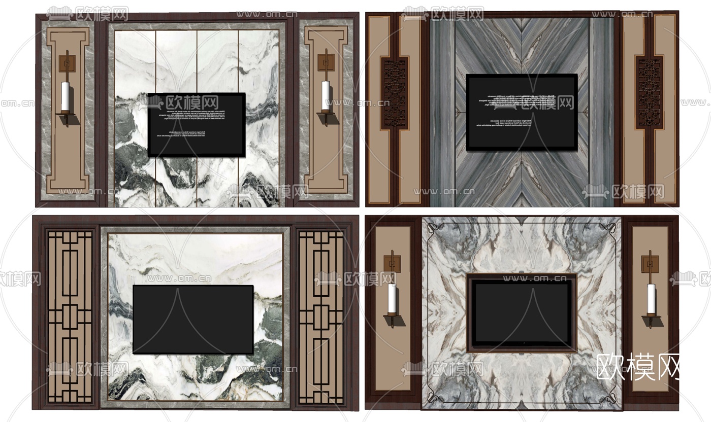 新中式电视背景墙su模型下载