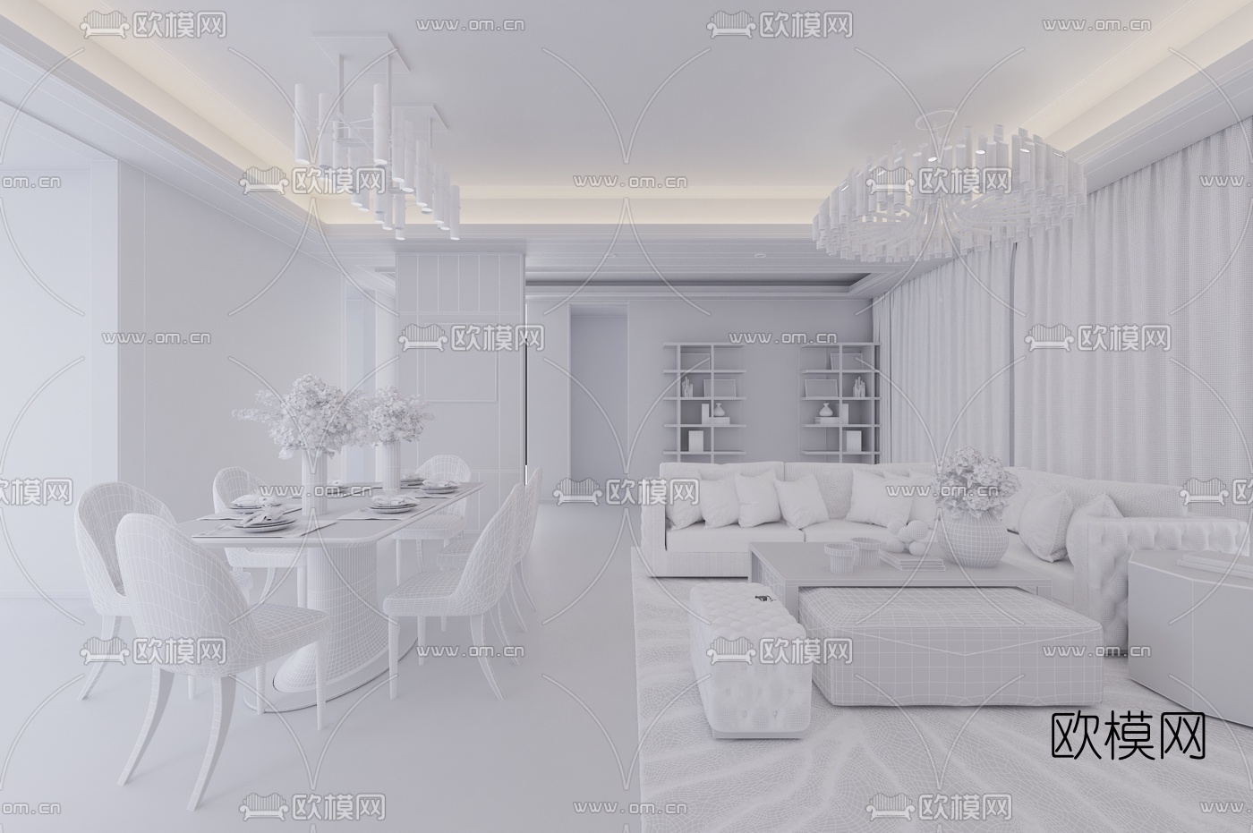 黄志达设计 中央公园现代轻奢客厅餐厅3d模型下载（渲染图2）