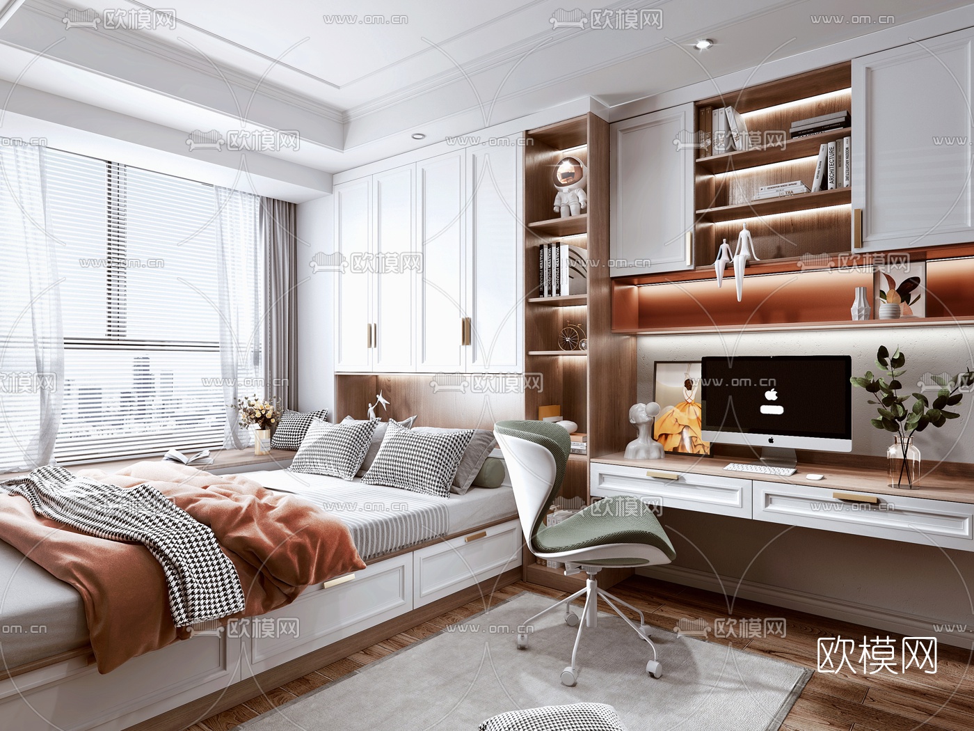 北欧榻榻米卧室su模型下载（渲染图1）