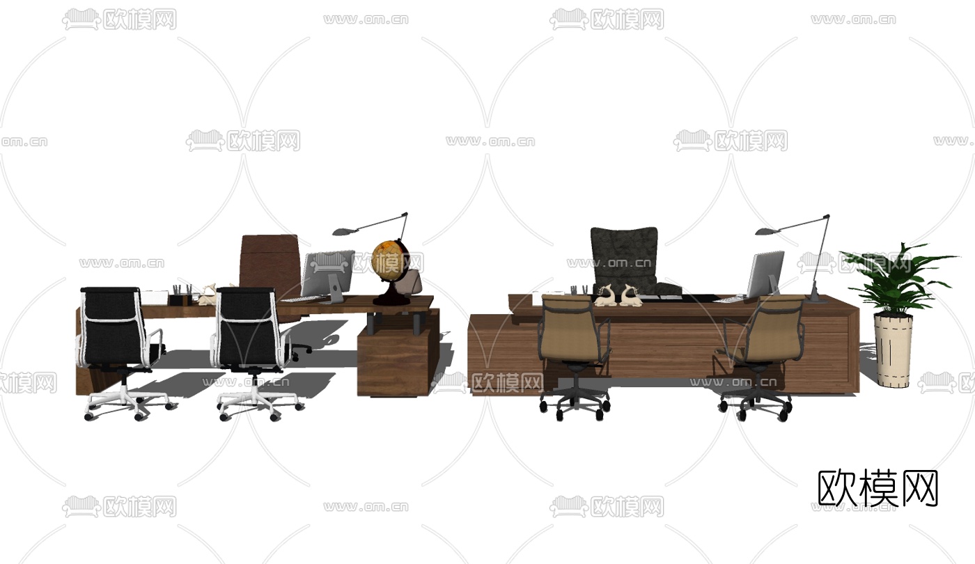 现代大班台办公桌椅组合su模型下载（渲染图2）