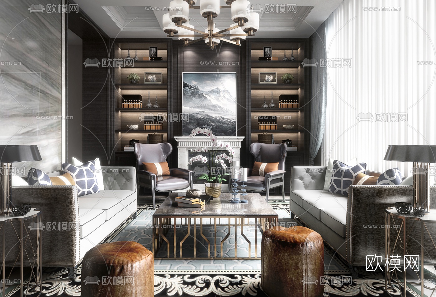 新古典客厅3d模型下载（渲染图2）