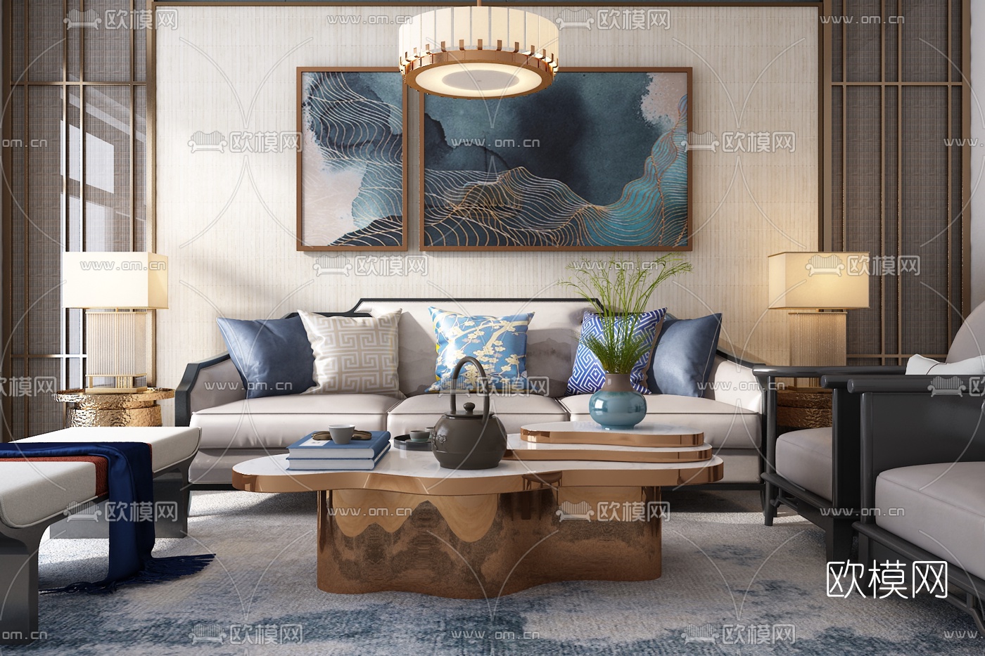 新中式轻奢多人沙发组合3d模型-免费3dmax模型库-欧模网