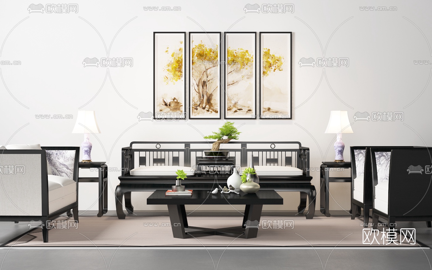 新中式沙发茶几装饰画台灯地毯组合3d模型