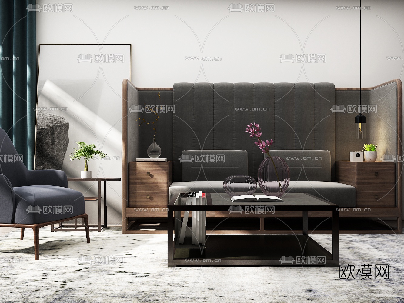 新中式沙发茶几摆件组合3D模型下载（渲染图2）