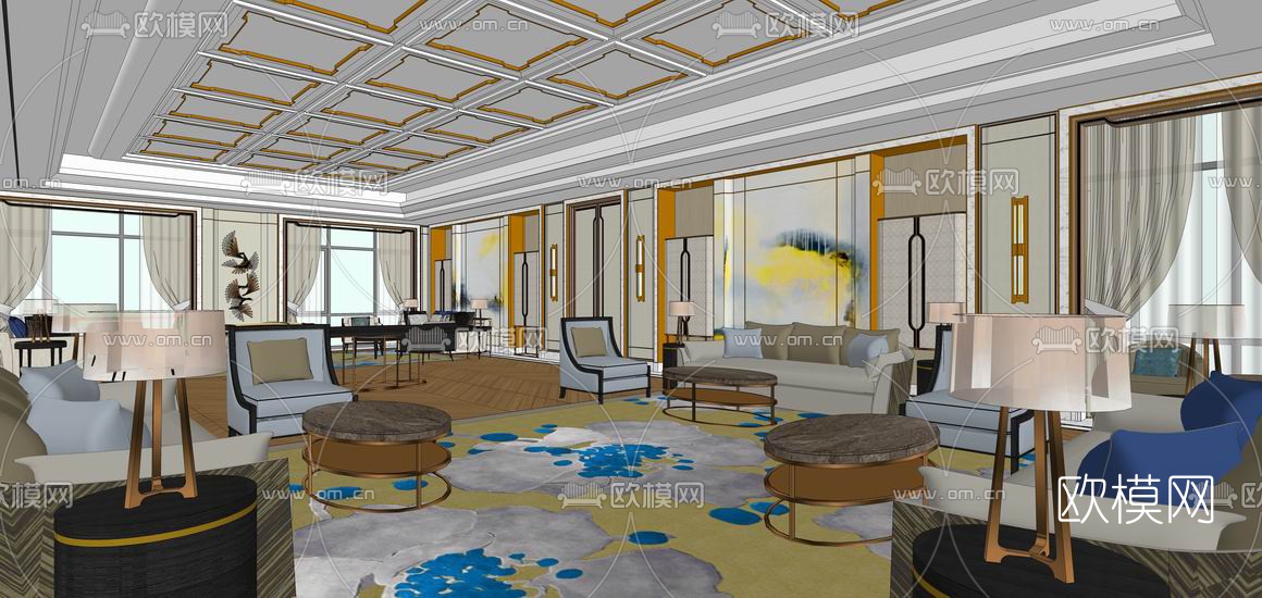 新中式会客厅su模型下载（渲染图3）