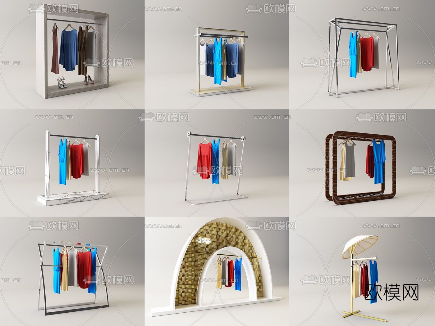 现代服装展架衣架组合3d模型-免费3dmax模型库-欧模网