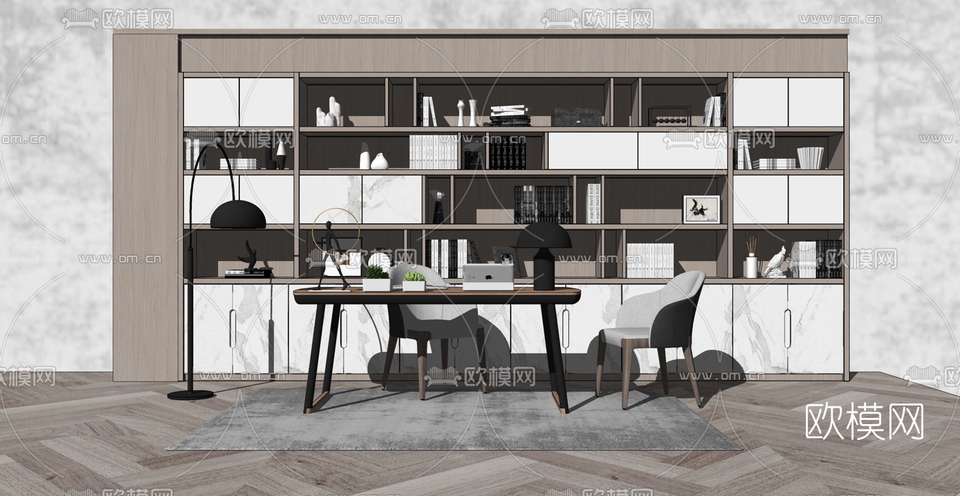 现代简约书桌书柜组合su模型下载