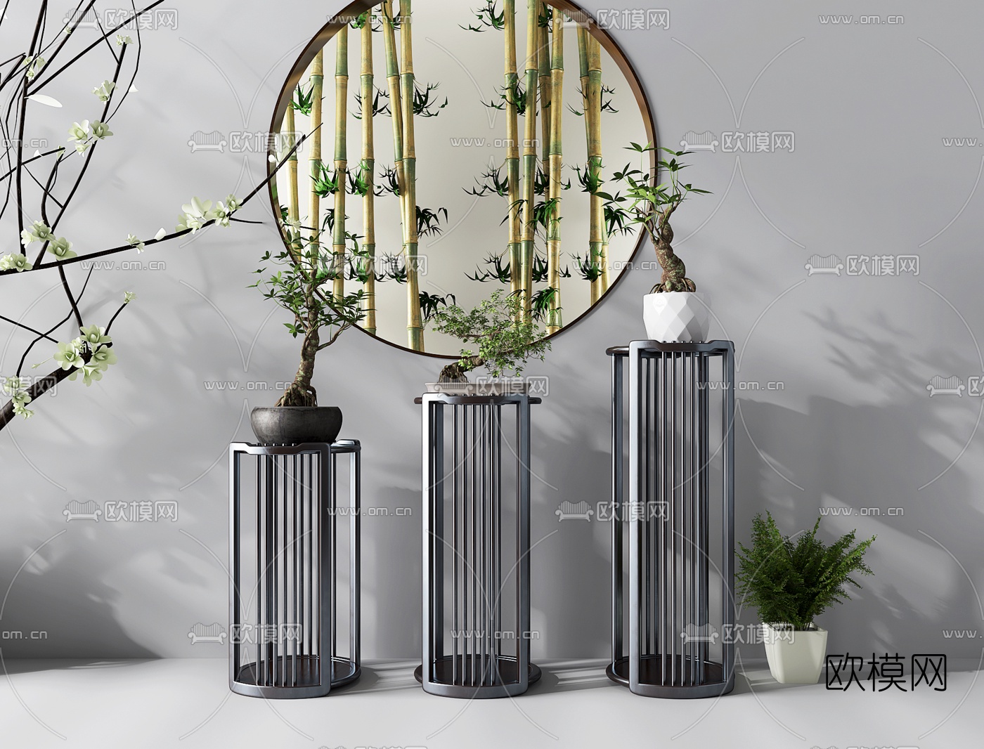 新中式实木花架盆栽组合3D模型下载