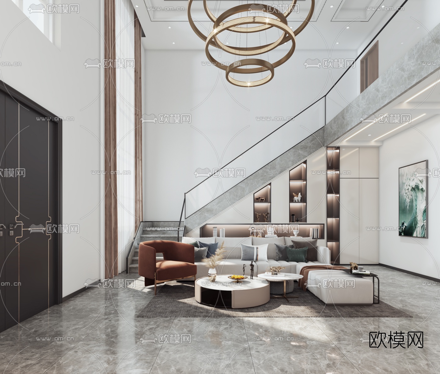 现代别墅客厅餐厅3d模型下载（渲染图1）
