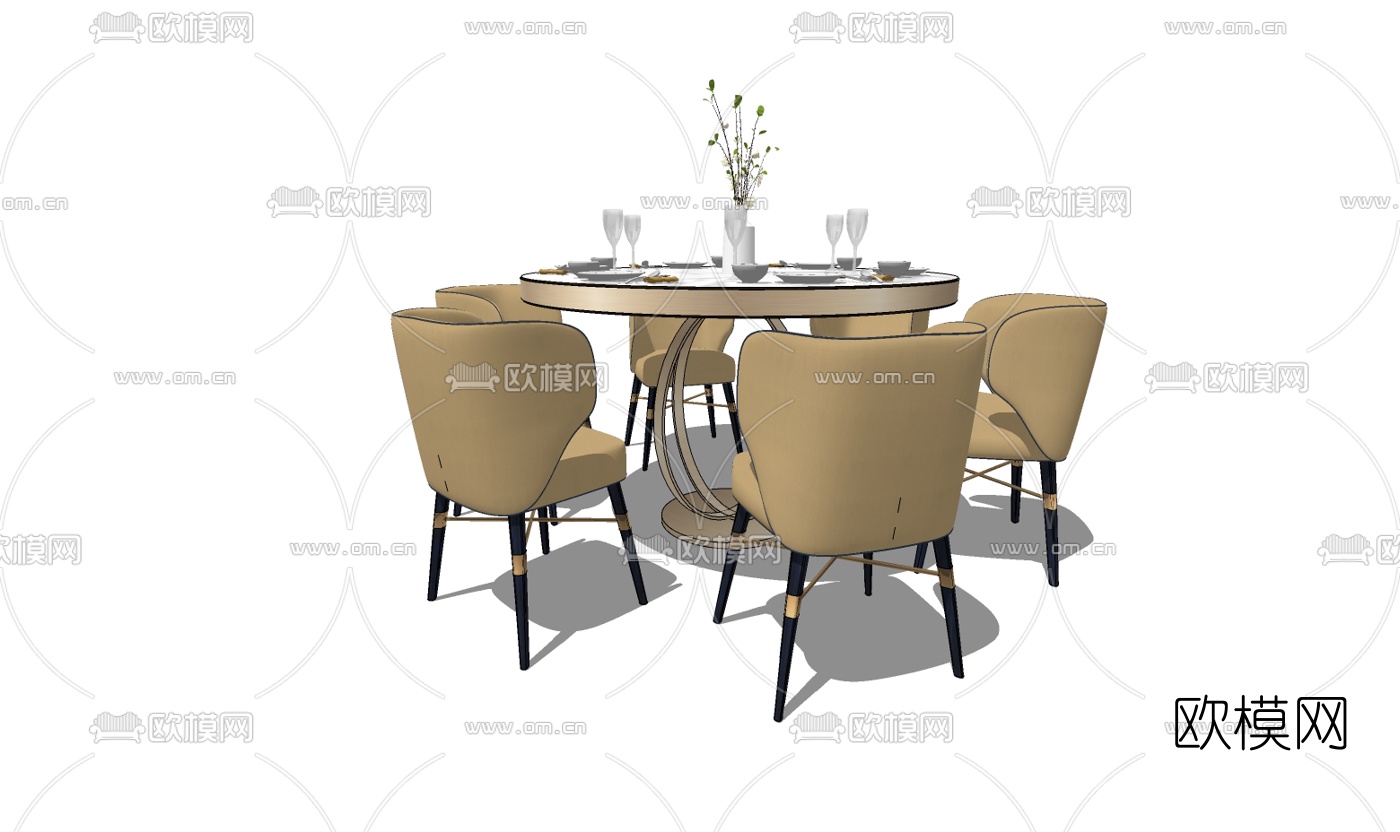 现代圆形轻奢餐桌椅su模型下载（渲染图2）