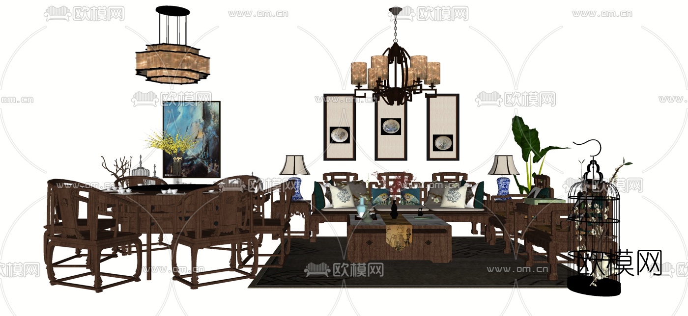 中式沙发茶几组合su模型下载