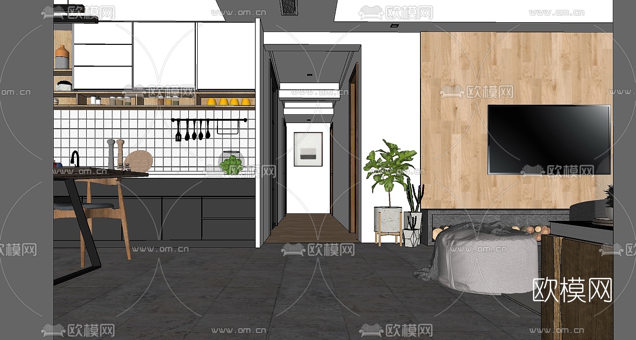 北欧客厅餐厅卧室su模型