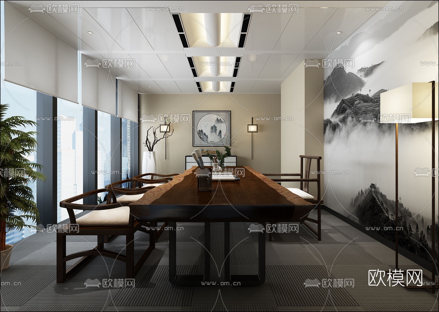 中式办公室会客室3D模型-免费3dmax模型库-欧模网