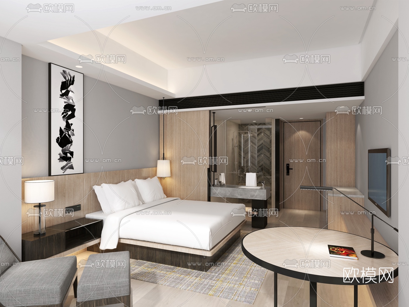 新中式酒店客房双人标准间-sketchup模型_sketchup模型库_建E室内设计网!