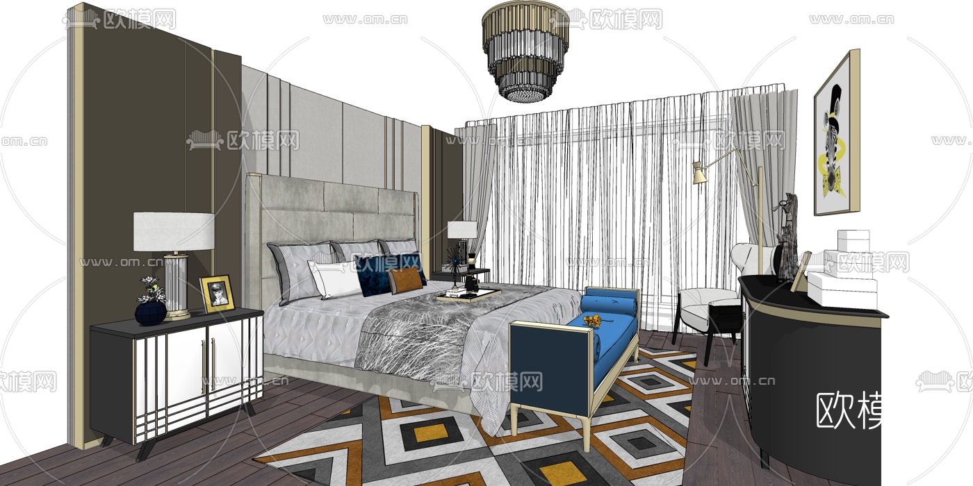 现代轻奢双人床组合su模型下载（渲染图1）