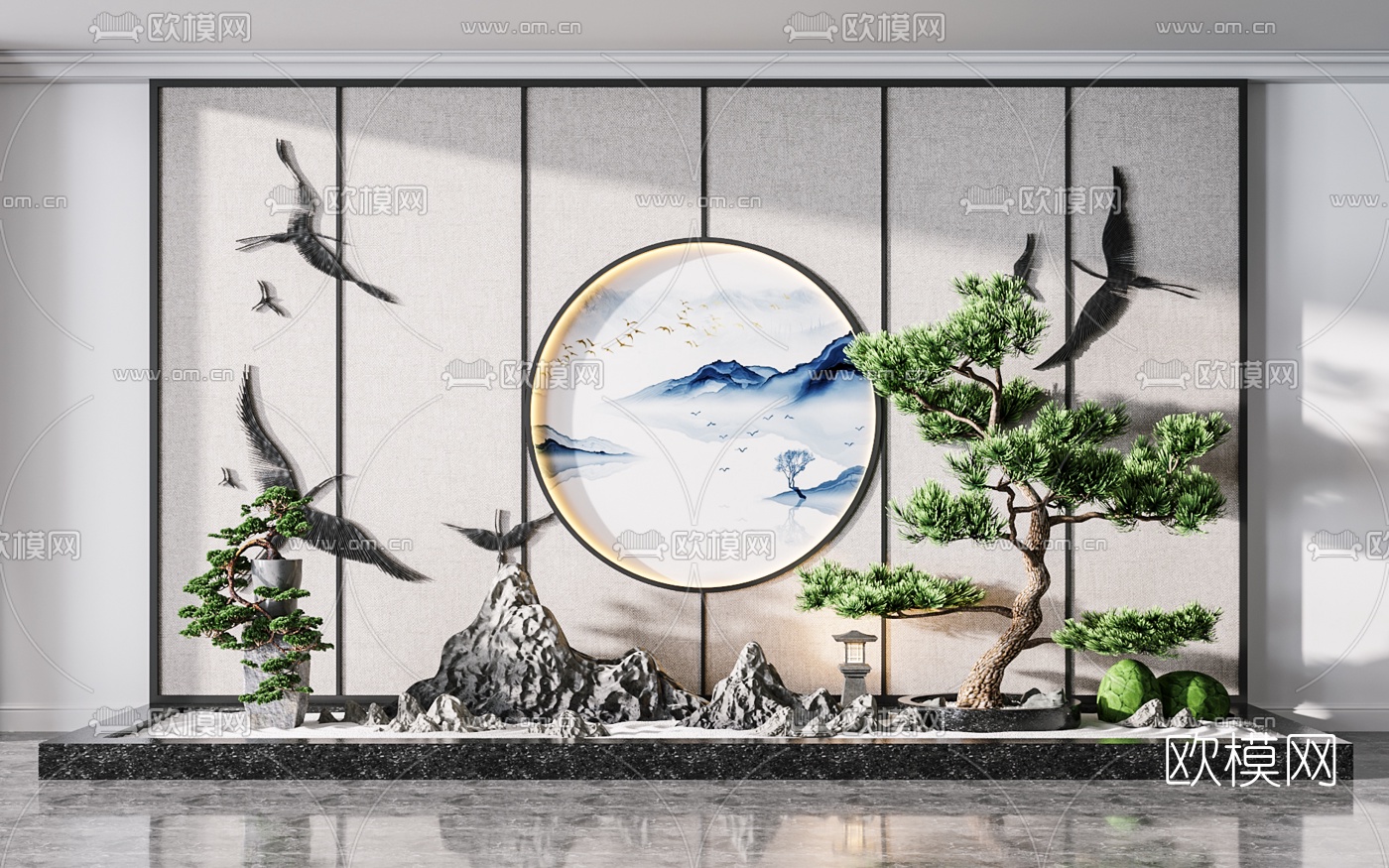 新中式松树假山园艺小品3d模型下载