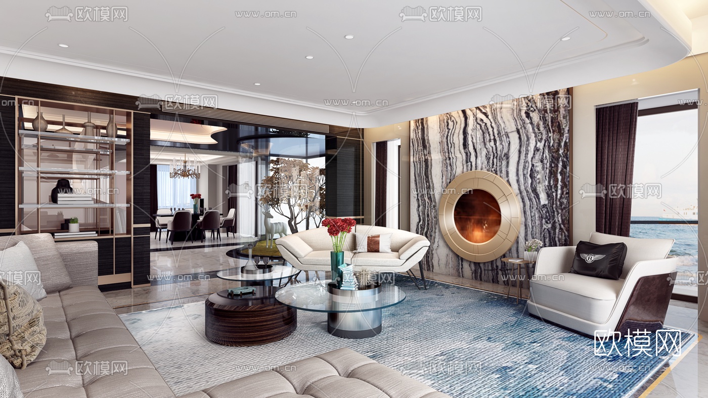 邱德光设计 北京懋源·璟玺豪宅客厅餐厅3d模型下载（渲染图1）