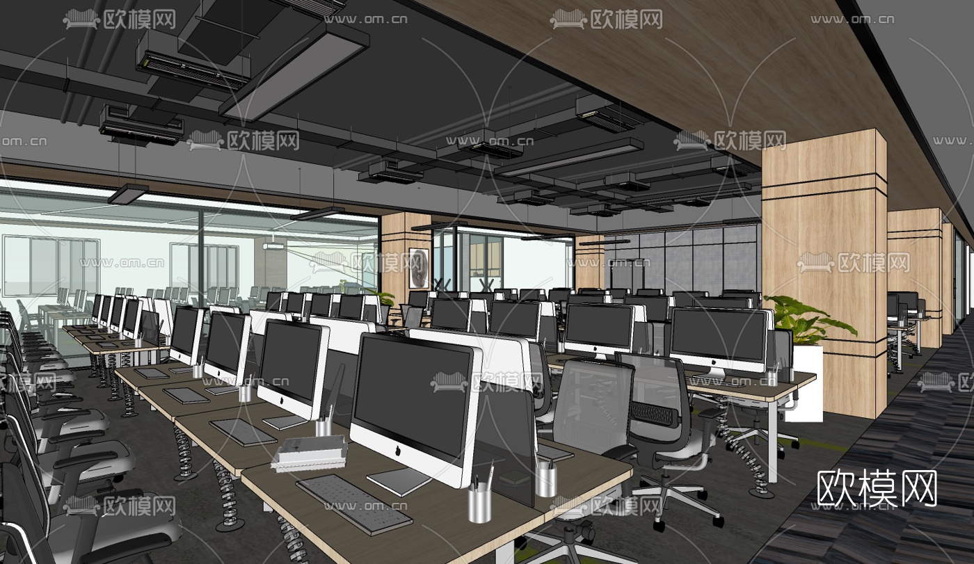 现代办公室综合办公区su模型下载（渲染图3）