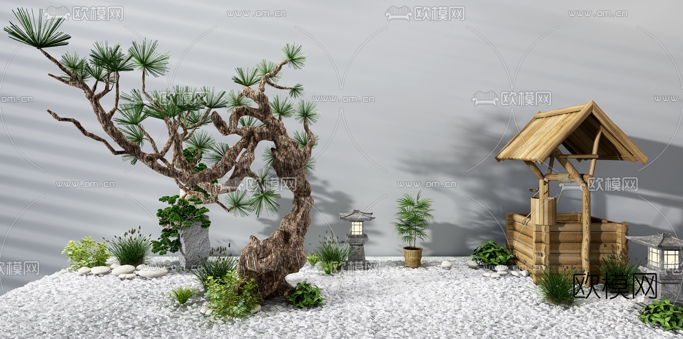 新中式松树水井景观小品3d模型