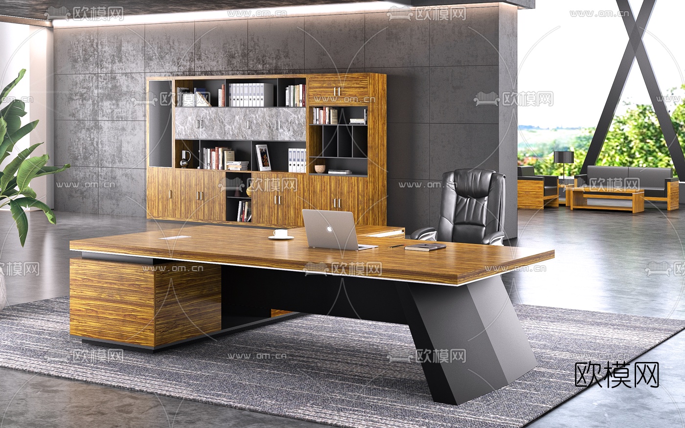 现代大班台桌椅3d模型下载