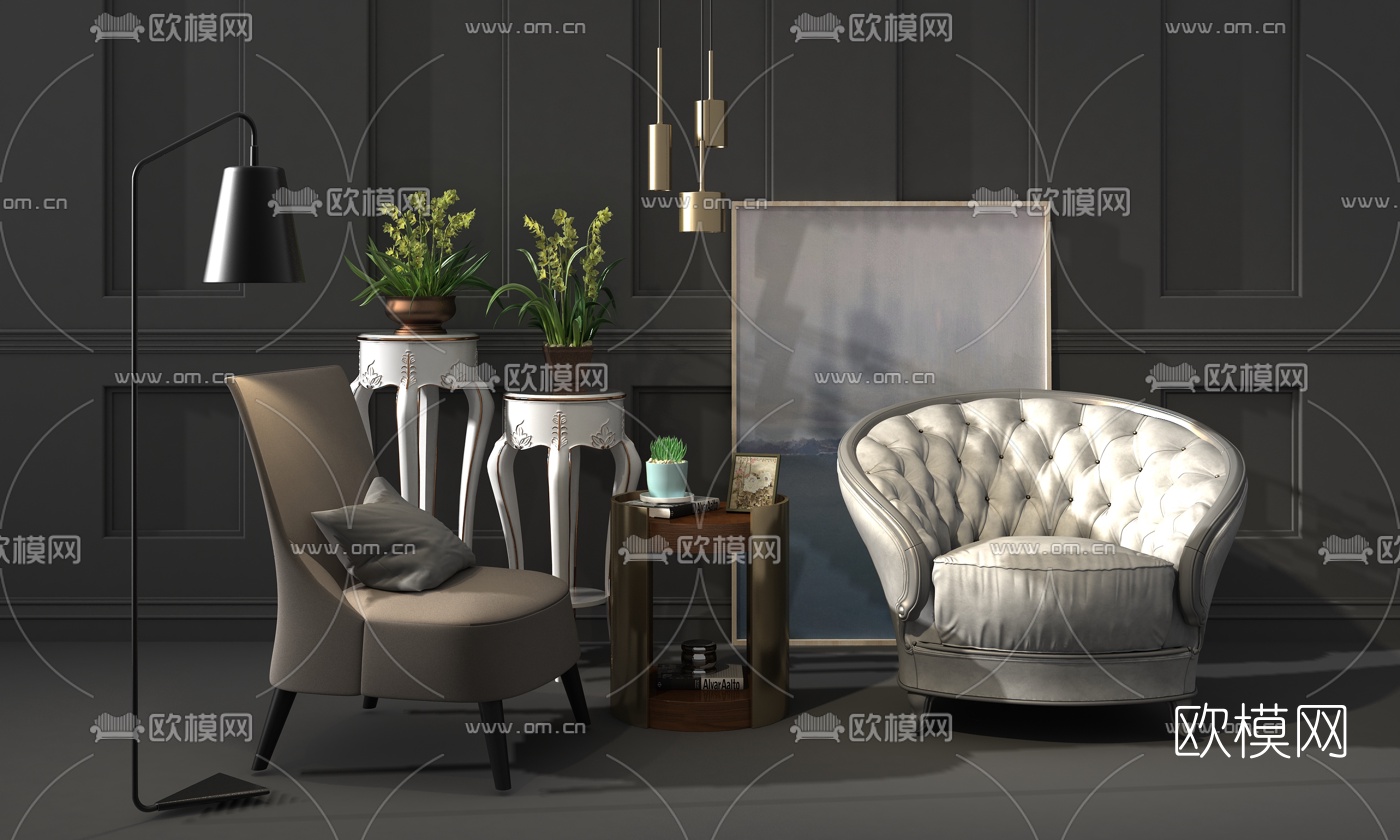 欧式休闲沙发组合3d模型下载（渲染图1）