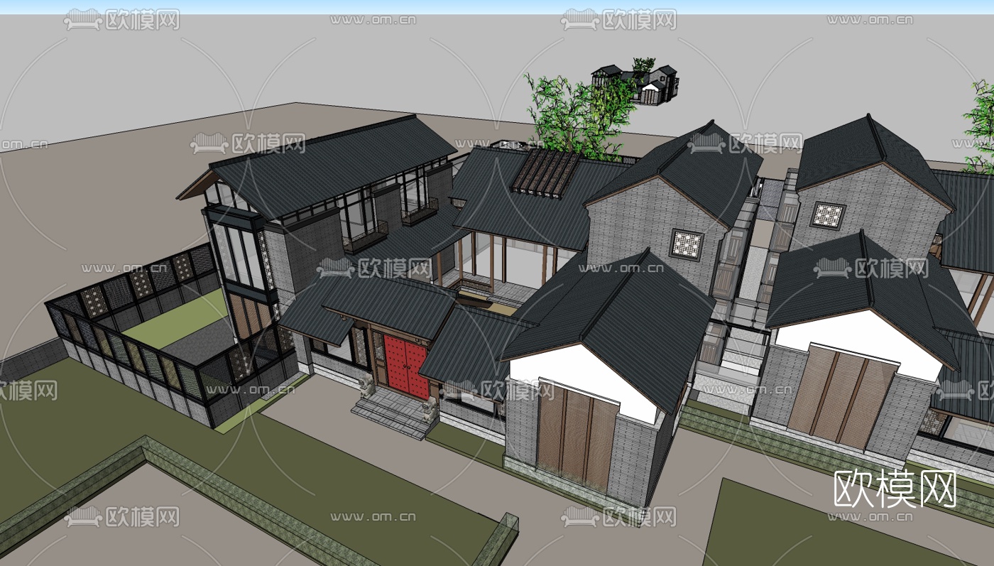 新中式四合院su模型下载（渲染图2）