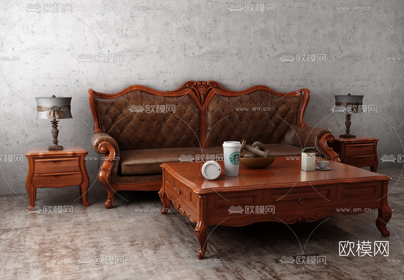 美式实木沙发组合3d模型下载（渲染图2）