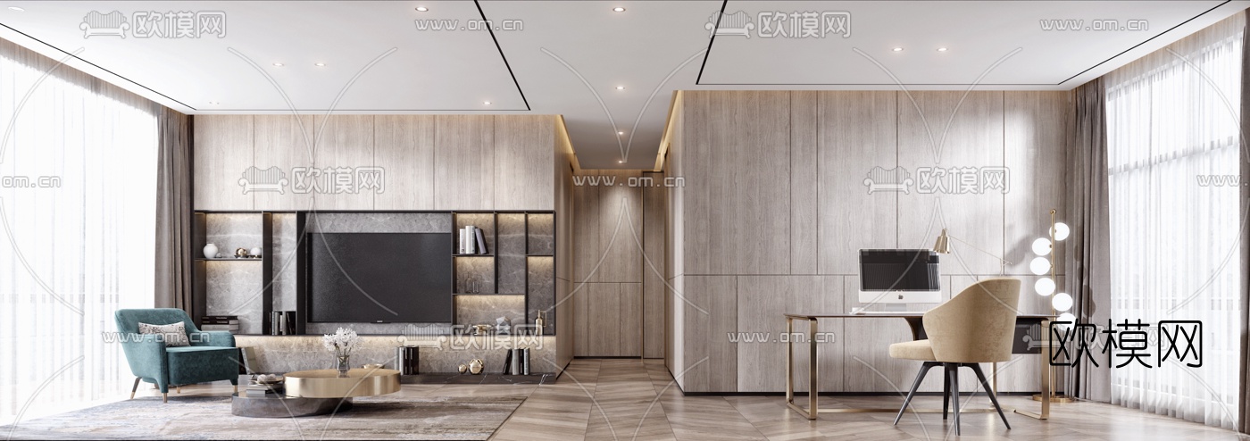 现代客厅餐厅书房3D模型