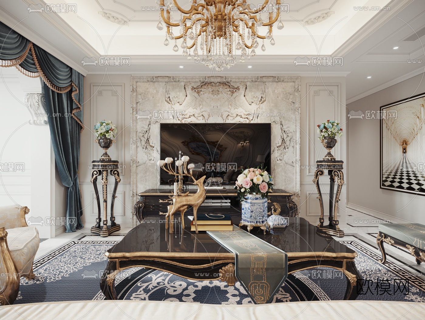 欧式客厅餐厅3d模型下载（渲染图3）