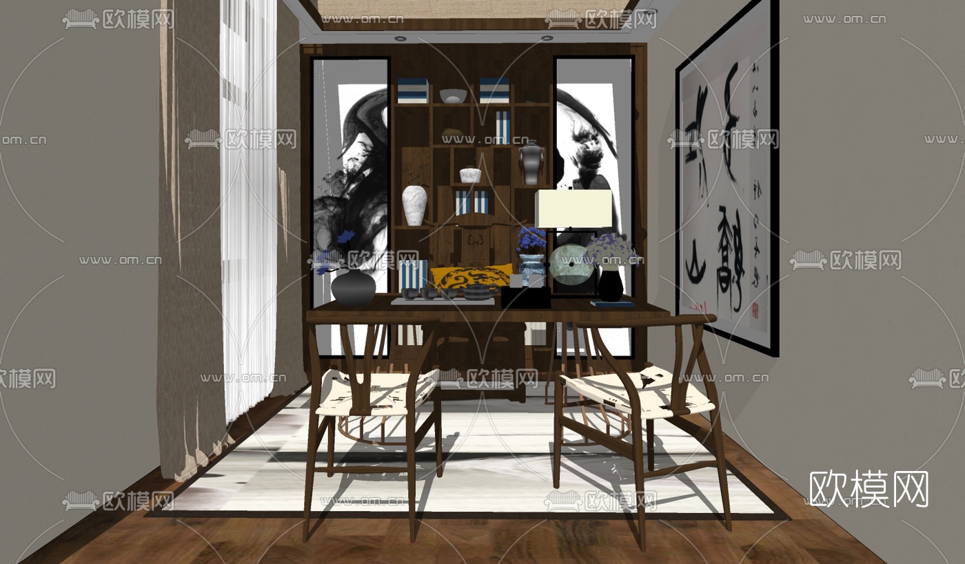 中式书房su模型下载（渲染图3）