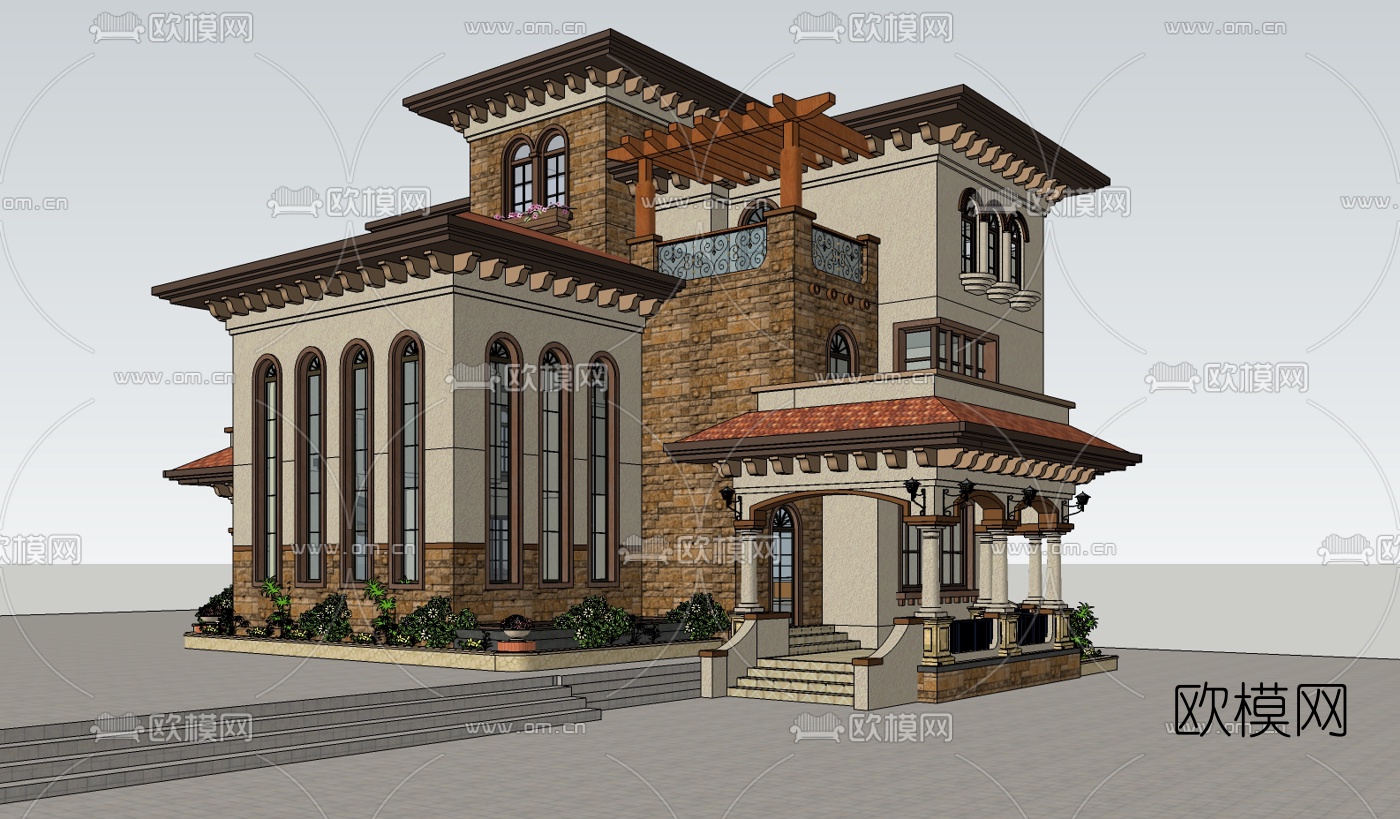 欧式独栋别墅su模型下载（渲染图4）