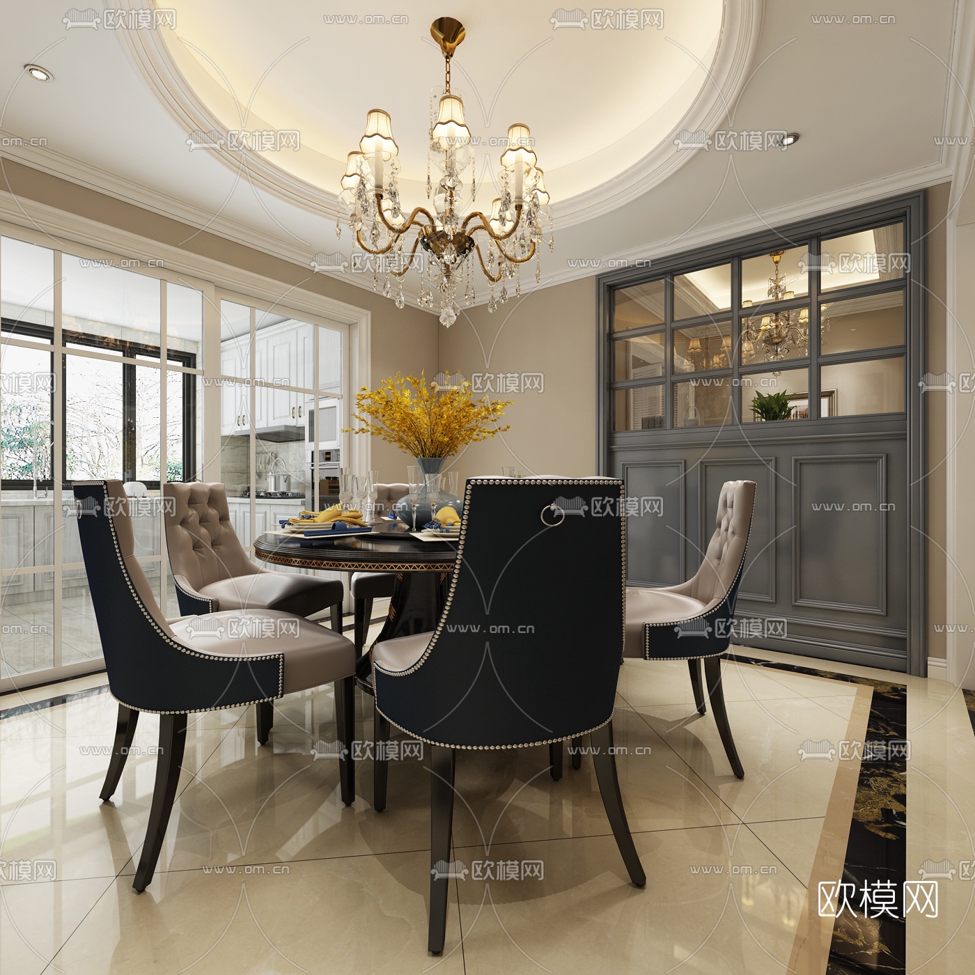 简欧客厅餐厅3D模型下载（渲染图2）